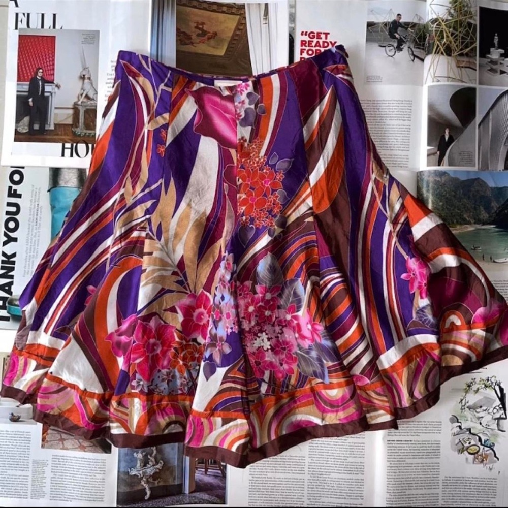 ECI NY pink, brown, & purple multicolored floral patterned pleated midi skirt